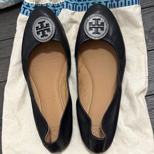 Tory Burch Mini Travel Ballet Black Leather Flats with Crystal Pave
